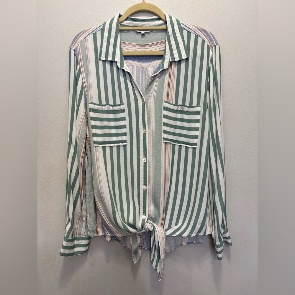 John Mark Tie-Front Button-Up Shirt XLarge Striped Pockets Roll Tab Sleeve